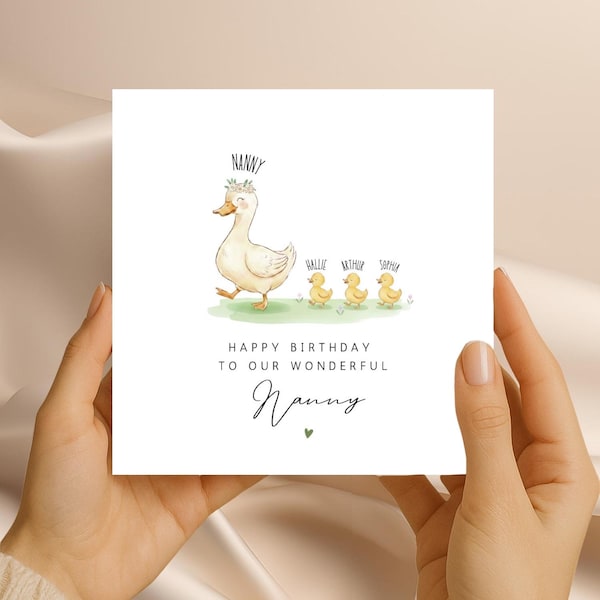 Nanny Birthday Card - Personalised and Custom names Up To 6 - 1-6 Names - Duck Family Card For Nanny