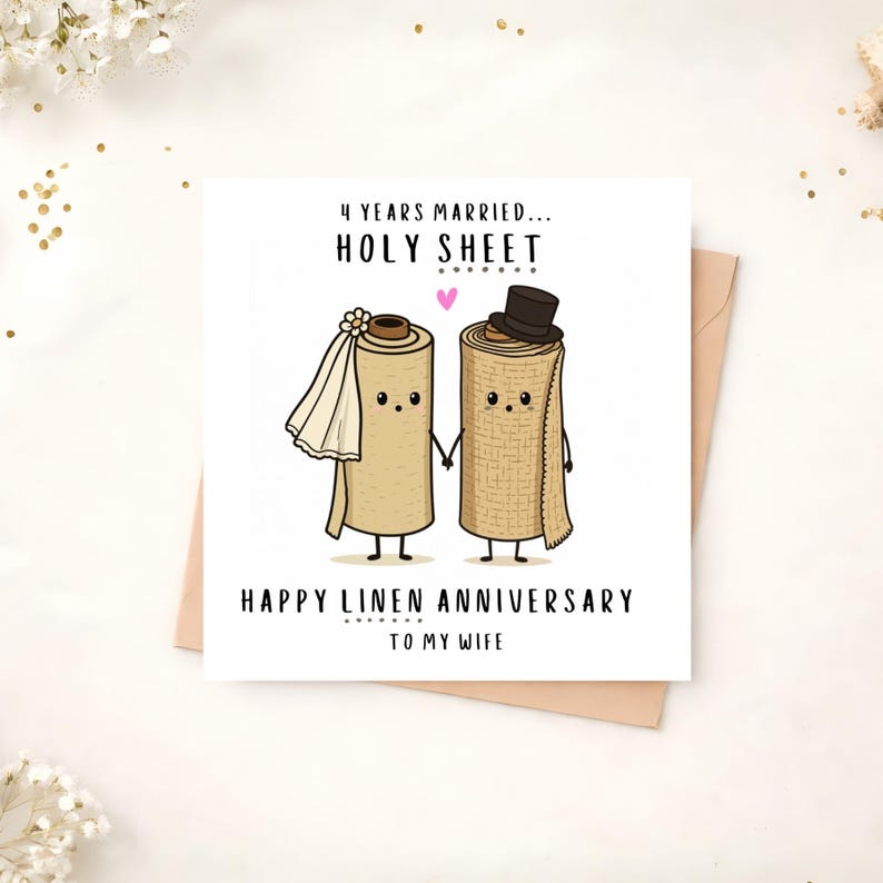 May include: A square greeting card with a white background featuring two cartoon linen rolls holding hands. One roll wears a white veil and the other a black top hat. Text reads: 4 YEARS MARRIED... HOLY SHEET. HAPPY LINEN ANNIVERSARY TO MY WIFE.