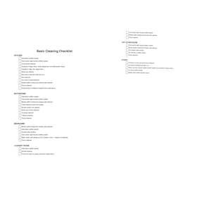 May include: A black and white checklist titled "Basic Cleaning Checklist". The checklist is divided into sections for the kitchen, bathrooms, bedrooms, laundry room, any other room, and other areas. Each section lists cleaning tasks with checkboxes.