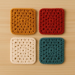 May include: Four square crochet coasters in shades of gold, red, cream, and teal. Each coaster features a detailed, openwork pattern. The coasters are arranged on a light wood surface, showcasing their handmade quality.
