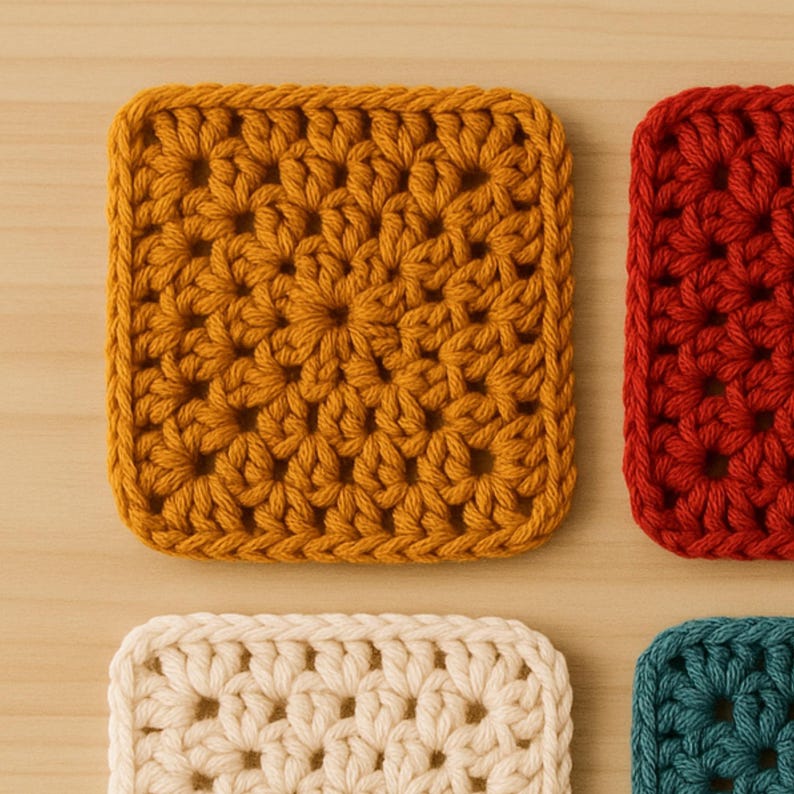 May include: Close-up of several crocheted squares in various colors. The squares are in shades of mustard yellow, red-orange, cream, and teal. Each square features a floral pattern and a textured appearance, suggesting handmade craftsmanship.
