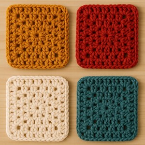 May include: Four square crochet coasters in shades of gold, red, cream, and teal. Each coaster features a detailed openwork pattern. These handmade coasters are perfect for protecting surfaces from hot or cold beverages.