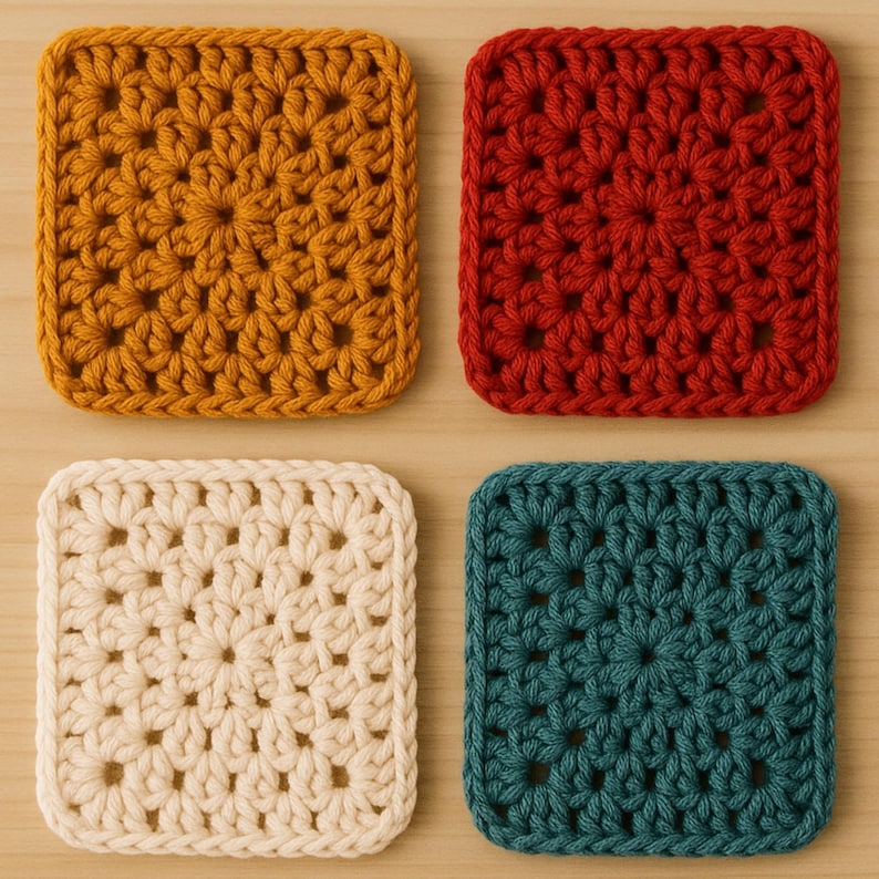 May include: Four square crochet coasters in shades of gold, red, cream, and teal. Each coaster features a detailed openwork pattern. These handmade coasters are perfect for protecting surfaces from hot or cold beverages.