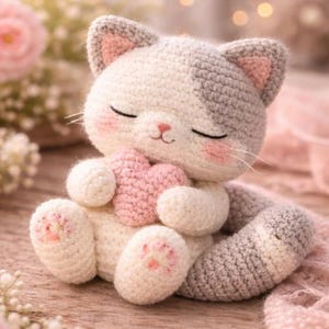 Könnte beinhalten: Handgemachte Häkelkatzenpuppe in Weiß und Grau, die ein rosa Herz hält. Die Katze hat geschlossene Augen, rosa Wangen und Pfotenballen. Die Puppe ist etwa 18 cm groß.