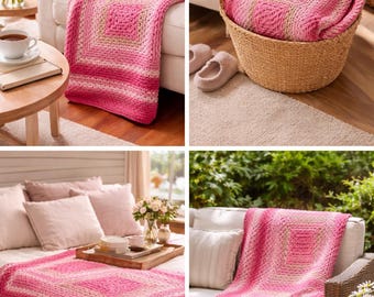 May include: A pink and white crocheted blanket with a square pattern is draped over a couch and bed. The blanket is made of soft yarn and has a gradient effect, transitioning from light to dark pink. The blanket is also seen folded in a woven basket.
