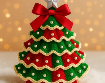 Crochet Ruffled Christmas Tree Pattern, Amigurumi with Bow and Pearls (PDF Pattern)