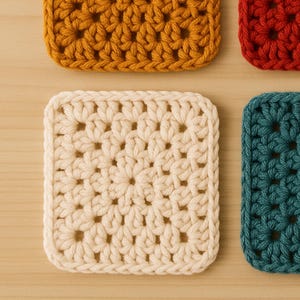 May include: Close-up of four square crochet coasters in various colors. The coasters are cream, mustard yellow, red, and teal. Each coaster features a floral pattern and a textured appearance, perfect for protecting surfaces from hot or cold beverages.