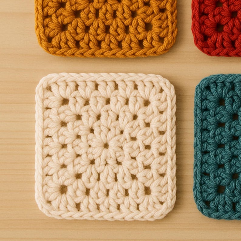May include: Close-up of four square crochet coasters in various colors. The coasters are cream, mustard yellow, red, and teal. Each coaster features a floral pattern and a textured appearance, perfect for protecting surfaces from hot or cold beverages.