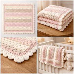 Pode incluir: Uma coleção de mantas de bebê de crochê feitas à mão. As mantas apresentam um padrão listrado em creme, rosa e bege. Cada manta tem uma borda ondulada. Uma manta está dobrada e outra está sobre um berço.