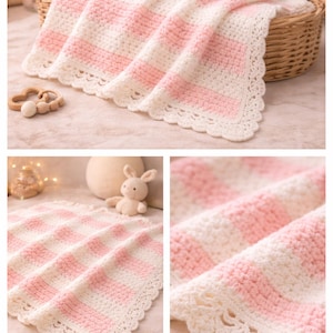 May include: A handmade baby blanket with alternating pink and white stripes. The blanket has a scalloped, cream-colored border. A small stuffed bunny and a wooden teether are nearby.