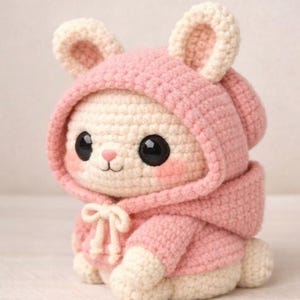 May include: A handmade crochet bunny doll with a pink hooded jacket. The bunny has large black eyes, rosy cheeks, and a small pink nose. The doll is made of cream and pink yarn.