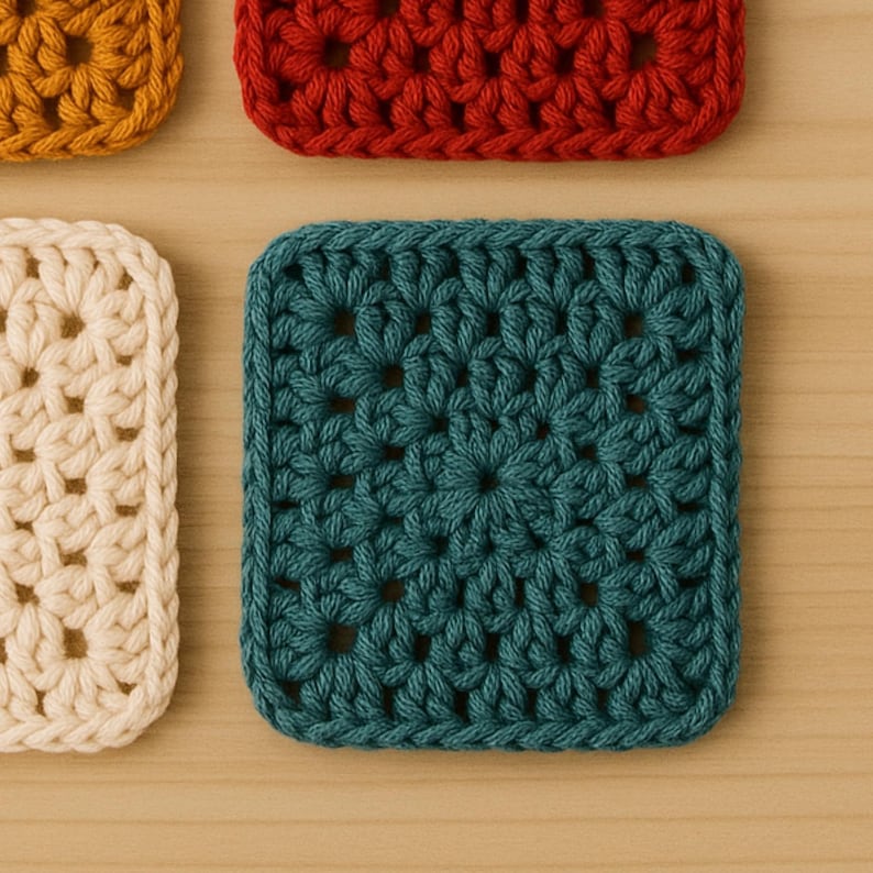 May include: Close-up of several square crochet coasters in various colors. The coasters are in shades of teal, red, cream, and gold. The crochet pattern features a floral design. The coasters are placed on a light wood surface.