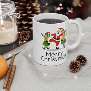 Dancing Santa Elves Christmas Mug: Festive Holiday Coffee Cup
