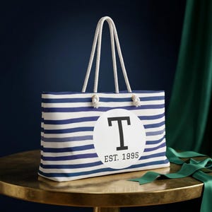 Puede incluir: Bolso tote rectangular con rayas horizontales azules y blancas. El bolso presenta un círculo blanco con la letra "T" y el texto "EST. 1995". Tiene asas de cuerda blanca y está sobre una superficie dorada.
