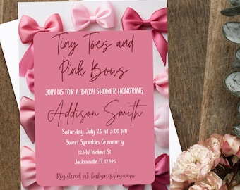 Editable Baby Shower Invitation Template | Tiny Toes Pink Bows Baby Shower Invite | Canva Editable | Instant Download Digital Invite