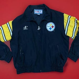 1990s Vintage  Pro Line Mens NFL Pittsburgh Steelers Jacket men’s size Large Black Nylon full front zipper windbreaker