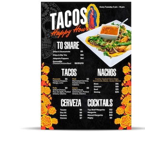 Bearbeitbare Taco-Menüvorlage für Restaurants | Digitales Menüdesign | Taco-Dienstag | Food Truck-Menüvorlage | Happy Hour
