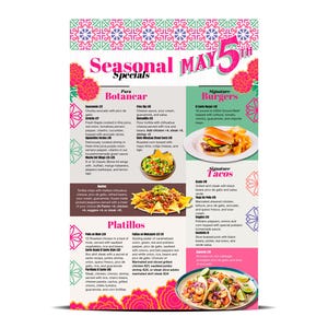 Edytowalny szablon menu Cinco de Mayo Taco 11x17 | Menu Meksykańskiej Fiesty | Cyfrowe menu restauracji | Food Truck | Menu Happy Hour do wydrukowania