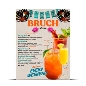 Dwustronny edytowalny szablon menu na brunch | Stylowe Menu | Menu śniadaniowe | Menu Napojów | Niedzielne menu specjalne na brunch