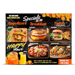 Szablon ulotki Happy Hour | Edytowalne menu specjalne | Przystawki na śniadanie i lunch | Szablon Canva Menu Food Trucka | Projektowanie menu cyfrowego