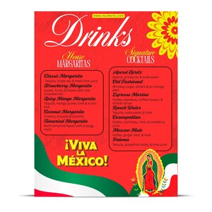 Bearbeitbare Vorlage für eine mexikanische Getränkekarte | Digitales Margarita- und Cocktailmenü | Cantina-Stil | Fiesta-Bar-Menü | Druckbare Getränkekarte
