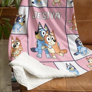 Personalized Blanket With Funny Cartoon Dog Theme, Blue Cozy Throw for Nursery Gift, Pink Color Kids Blanket For Girls,Christmas Family Gift