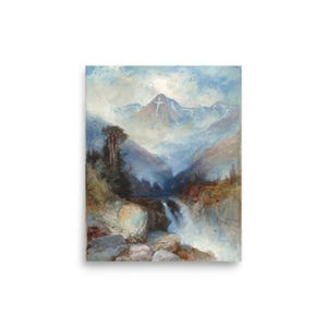 May include: A watercolor painting depicting a mountain range with a white cross on the peak. The mountains are surrounded by a misty blue sky and a waterfall flows through the valley.