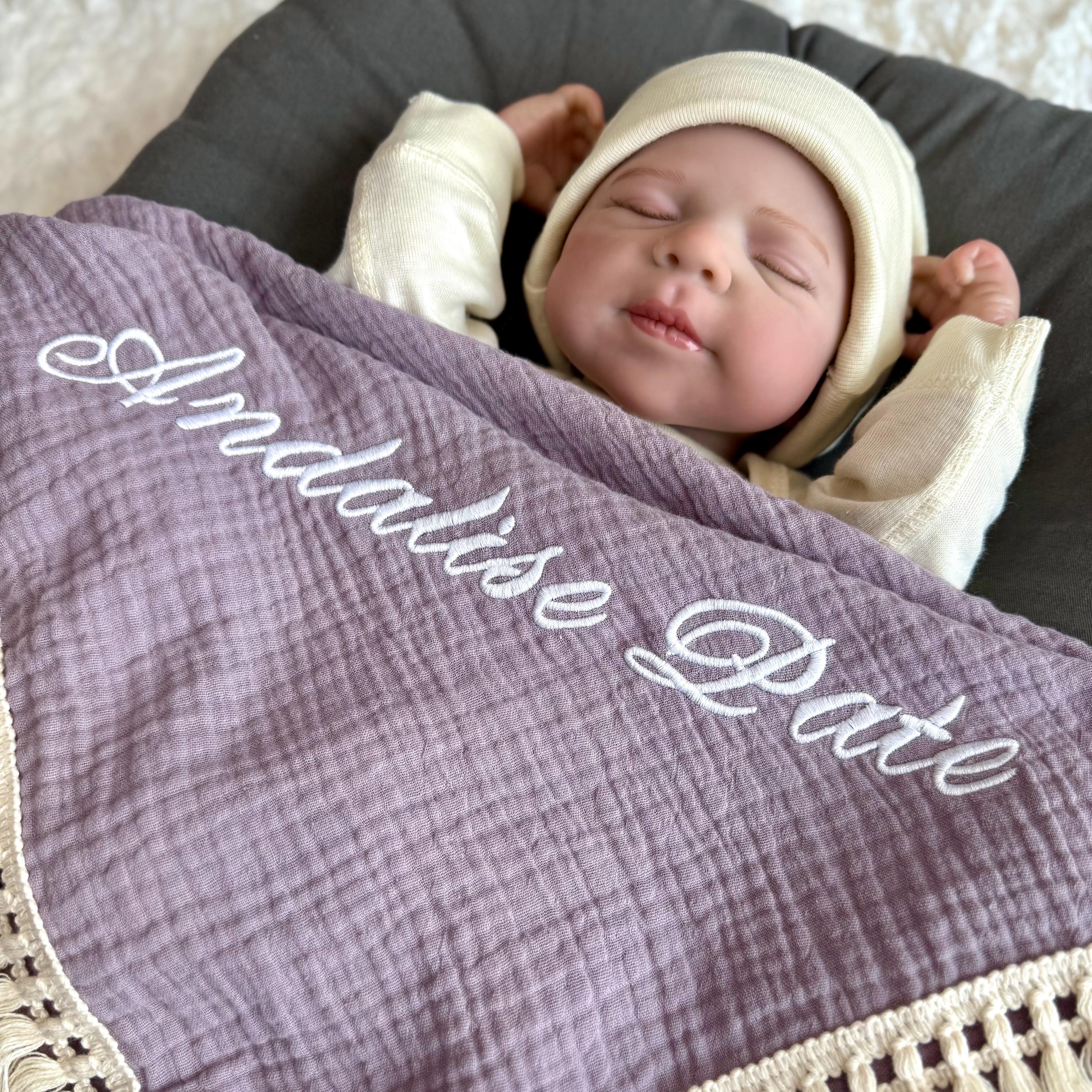 Embroidered Name Baby Blanket: Organic Cotton Muslin Swaddle