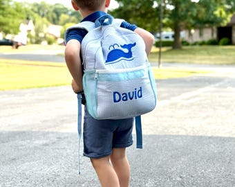Personalized Seersucker Toddler Backpack: Custom Embroidered Kids School Bag
