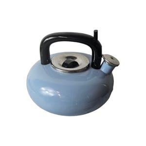 May include: A light blue, round tea kettle with a black handle and spout. The kettle has a silver lid and spout cover. The handle is arched and the spout is on the side. The kettle is made of metal.