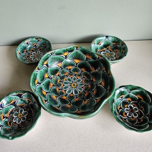 5 TALAVERA Peacock Bowls  Green Blue Mexico