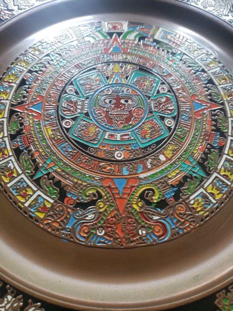 Vintage Mexico Aztec Mayan Calander Hanging Plate Brass Embossed Folk ...