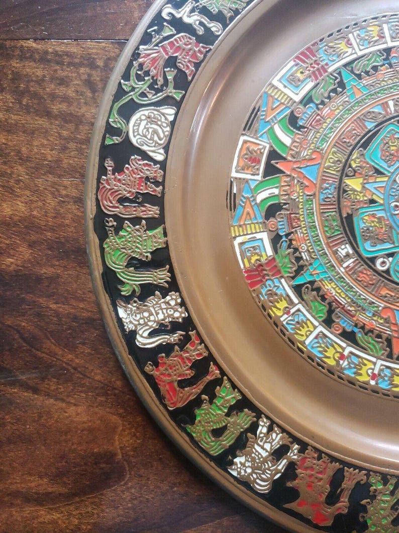Vintage Mexico Aztec Mayan Calander Hanging Plate Brass Embossed Folk ...