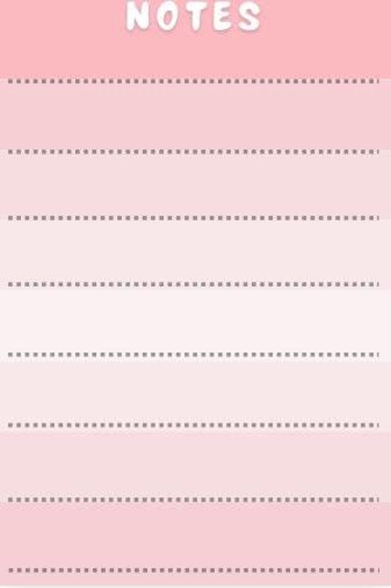 May include: A pink and white gradient background with the word "NOTES" in white, bubble letters at the top. The background has 7 horizontal lines with a dotted pattern.