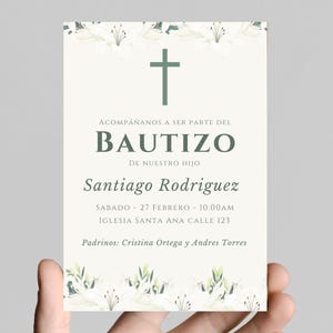 Digital spanish invitation. Plantilla Digital Bautizo Elegante para niños y niñas en Español - Invitación en español minimalista.