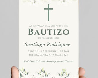 Digital spanish invitation. Plantilla Digital Bautizo Elegante para niños y niñas en Español - Invitación en español minimalista.