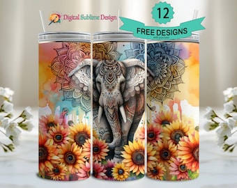 Boho Elephant 20oz Tumbler Wrap elephant PNG Sunflower Sublimation design template Mandala 20 oz png Digital download Floral tumbler wrap