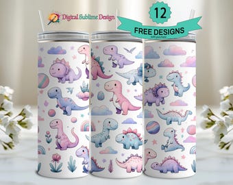 Girl Dinosaur Tumbler Wrap Seamless Dinosaur PNG Dinosaur Girl Birthday Sublimation Dino Kawaii PNG 20 oz Wrap 20oz Tumbler Dinosaur kid png