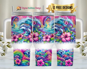 40oz Dolphin Tumbler Wrap Ocean 40 ounce sublimation template 40 oz tropical summer beach floral tumbler wrap Tumbler png Tumblr Sublimation
