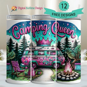 Camping Queen Tumbler Wrap 20 oz Camper Sublimation Camping Mom Tumbler Design Outdoor Camping Lover 20oz wrap Camper Van Digital Design png
