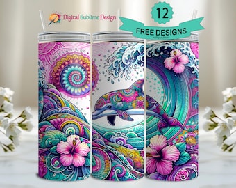20oz Dolphin Tumbler Wrap Ocean 20 ounce sublimation template 20 oz tropical summer beach floral tumbler wrap skinny tumbler sublimation png