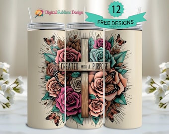 Created With A Purpose Bible Verse Tumbler Wrap 20oz Skinny Tumbler Sublimation Design 20 oz tumbler wrap Christian Tumbler Gift for Her PNG