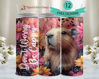 Joli gobelet Capybara emballé Be Happy emballage de gobelet Capybara PNG 20 oz sublimation PNG, gobelet positivité Don't Worry Be Cappy Design