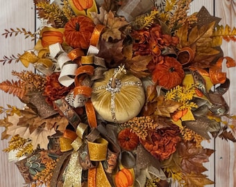 Velvet Pumpkin Fall Wreath: Golden Harvest Rustic Autumn Door Decor