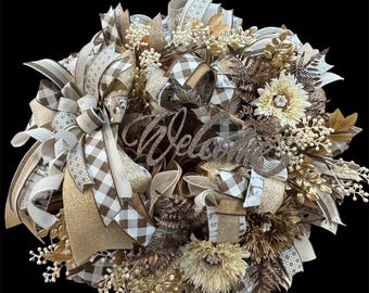 Autumn Welcome Wreath: Gold, Brown and Cream Fall Decor with Bling!