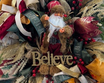 Woodsy Santa Christmas Wreath: Hand-Painted &#39;Believe&#39; Sign