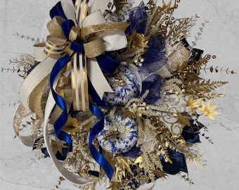 Blue & Gold Fall Wreath: Royal Elegance Luxe Edition