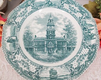 1930s Crown Ducal Independence Hall Plate. 10.5" Blue‑Green Transferware. Colonial Times Series. England.