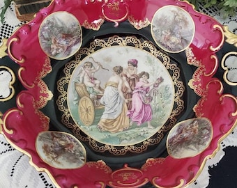 Vintage Mitterteich Bavaria Porcelain Tab‑Handled Bowl: Mid-Century Classical Figural Scenes. Heavy Gold Trim.