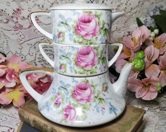 Vintage Lefton Porzellan-Teekanne und stapelbares Zucker-/Sahnekännchen-Servierset. Rosen mit Goldakzenten. Verfügbare Optionen ansehen.